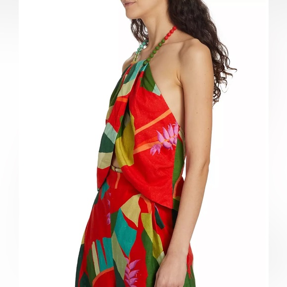 NEW FARM Rio Heliconia Halter Crop Top Red Linen Tropical, size L - Picture 6 of 13